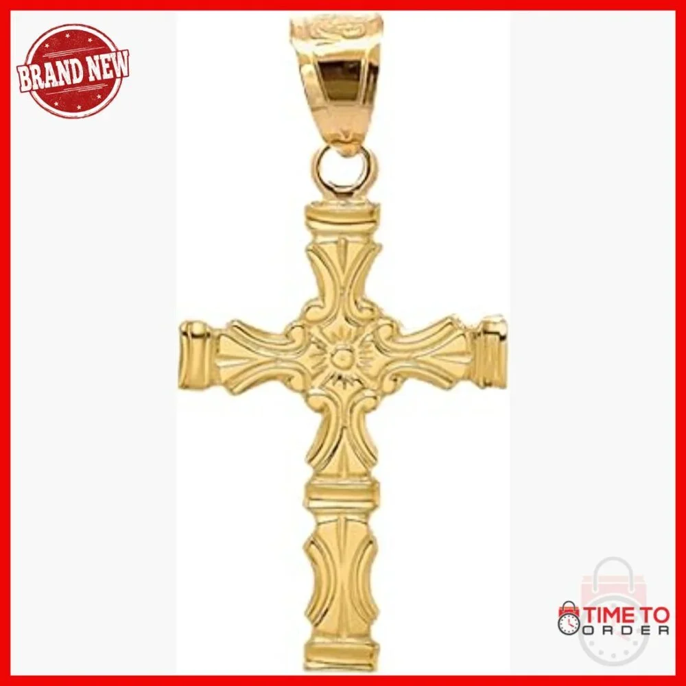14K Gold Cross Pendant, Regal Scroll Design, Religious Jewelry, 1-1/8 Inch